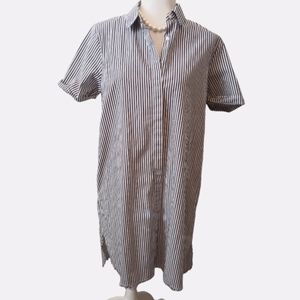 PHILOSOPHY | blue and white striped shirt dress with high low fringe hem…